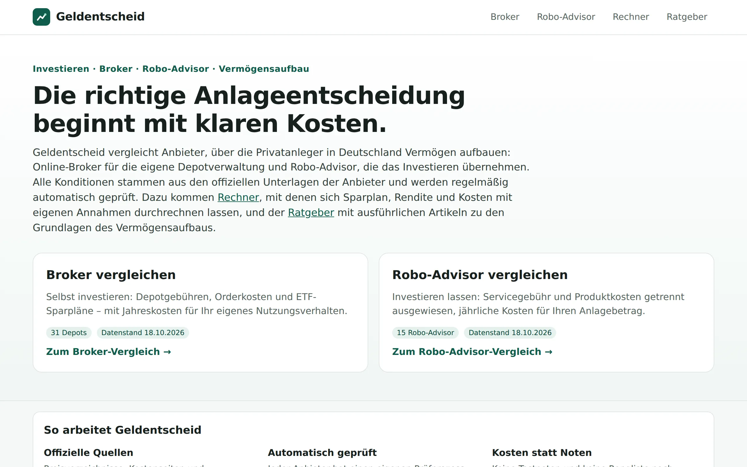 Screenshot der Website von GeldEntscheid