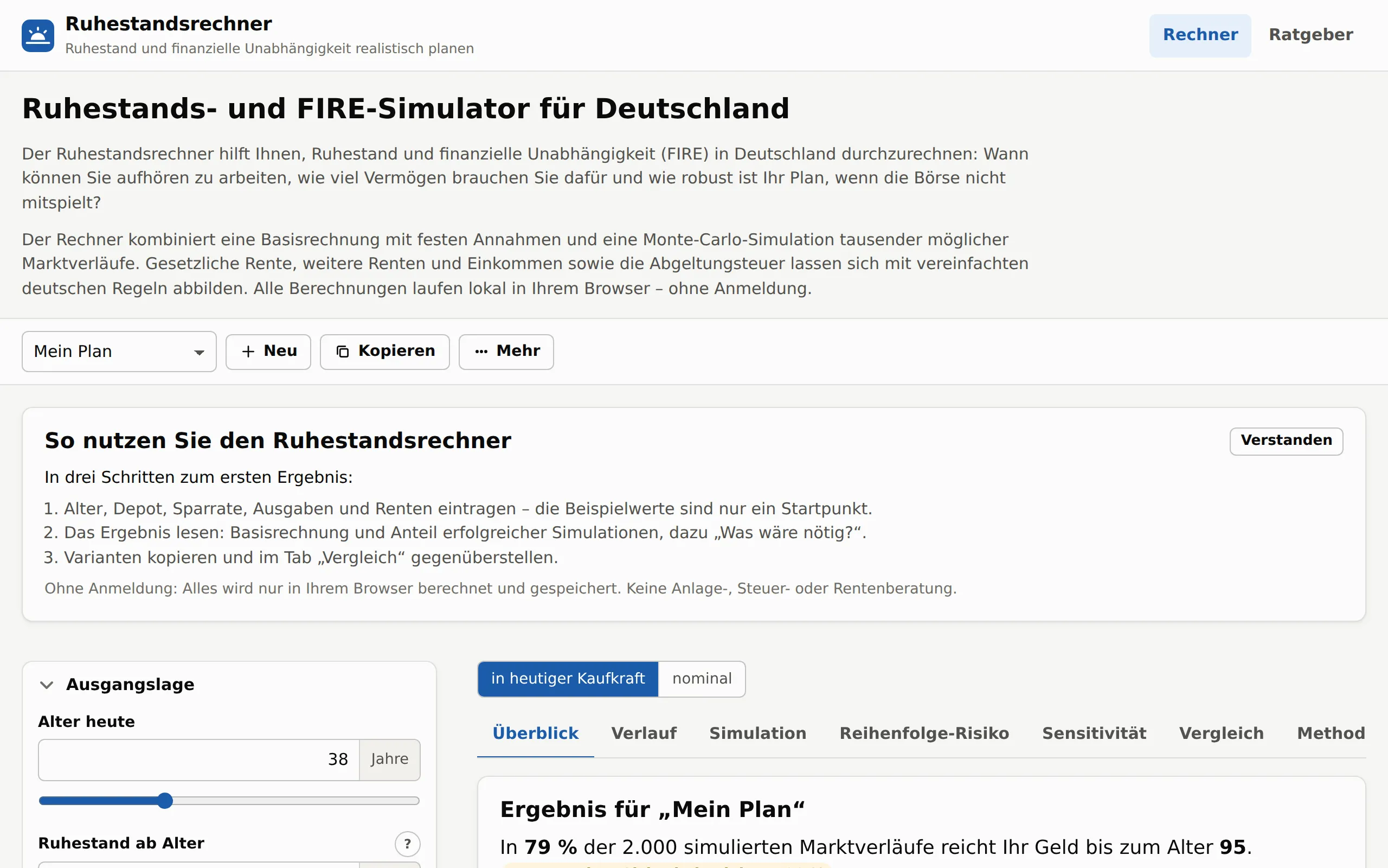 Screenshot der Website von Ruhestandsrechner